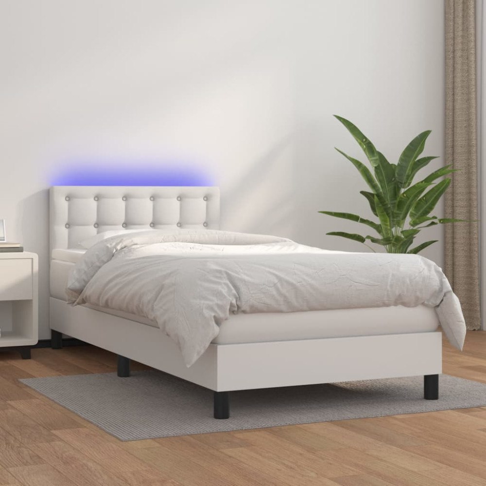 vidaXL Ramsäng med madrass & LED vit 100x200 cm konstläder