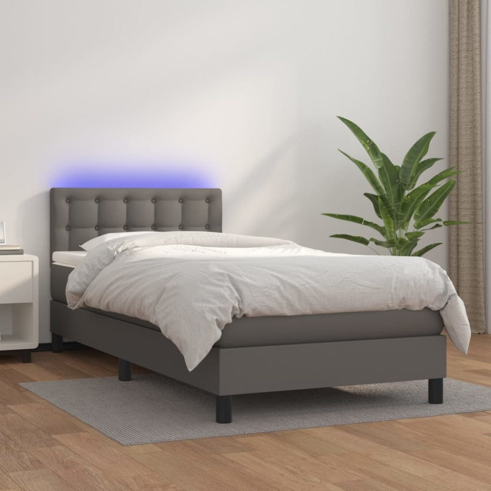 vidaXL Ramsäng med madrass & LED grå 100x200 cm konstläder
