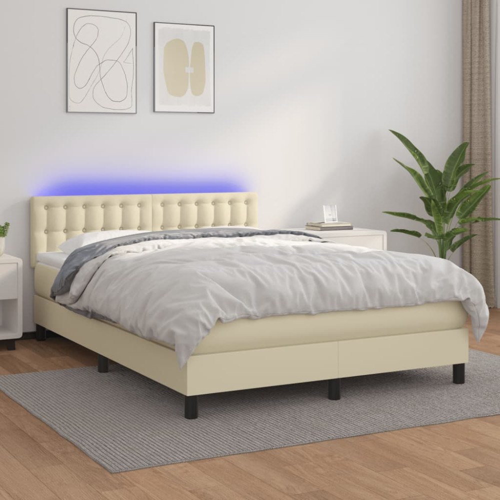vidaXL Ramsäng med madrass & LED gräddvit 140x200 cm konstläder