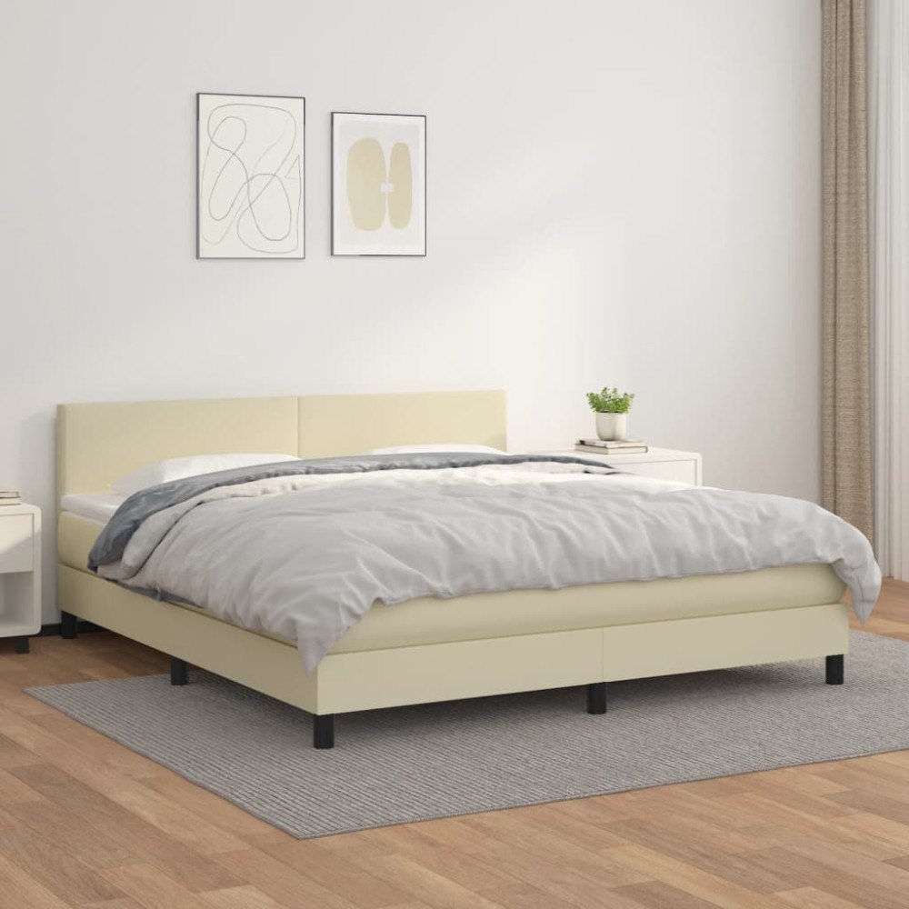 vidaXL Ramsäng med bäddmadrass gräddvit 160x200 cm konstläder