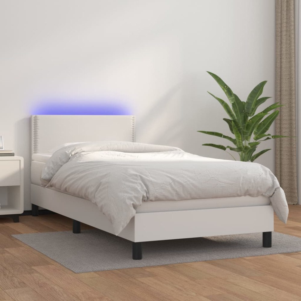 vidaXL Ramsäng med madrass & LED vit 100x200 cm konstläder