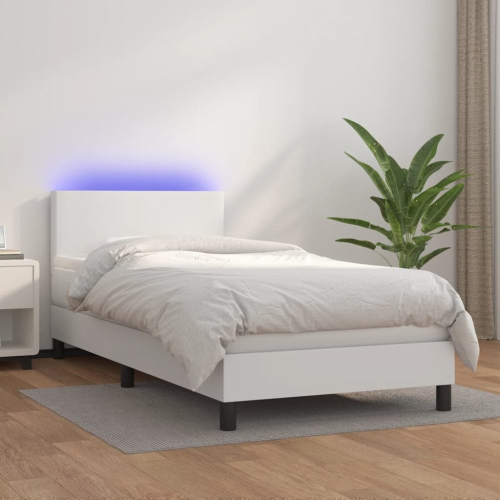 vidaXL Ramsäng med madrass & LED vit 100x200 cm konstläder