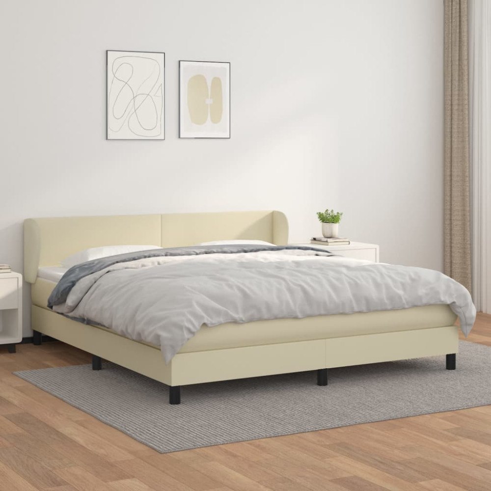 vidaXL Ramsäng med bäddmadrass gräddvit 160x200 cm konstläder