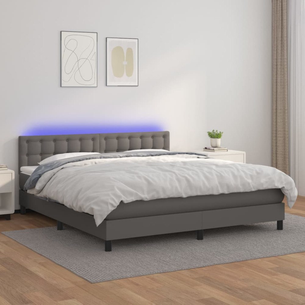 vidaXL Ramsäng med madrass & LED grå 160x200 cm konstläder