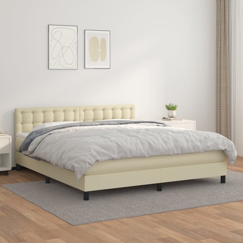 vidaXL Ramsäng med bäddmadrass gräddvit 160x200 cm konstläder