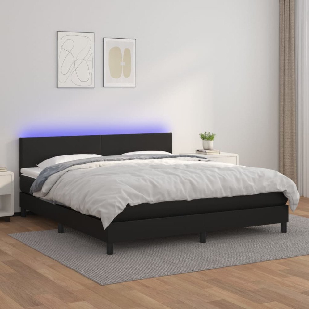 vidaXL Ramsäng med madrass & LED svart 160x200 cm konstläder