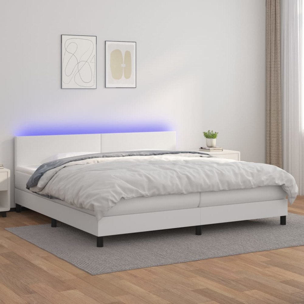 vidaXL Ramsäng med madrass & LED vit 200x200 cm konstläder