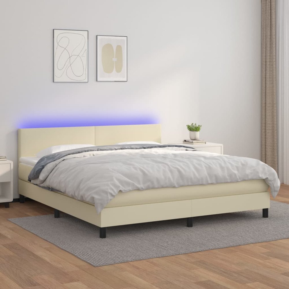 vidaXL Ramsäng med madrass & LED gräddvit 180x200 cm konstläder