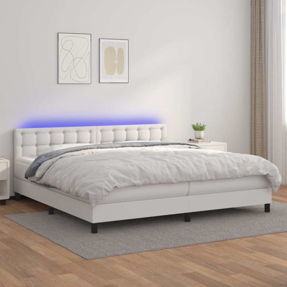 vidaXL Ramsäng med madrass & LED vit 200x200 cm konstläder
