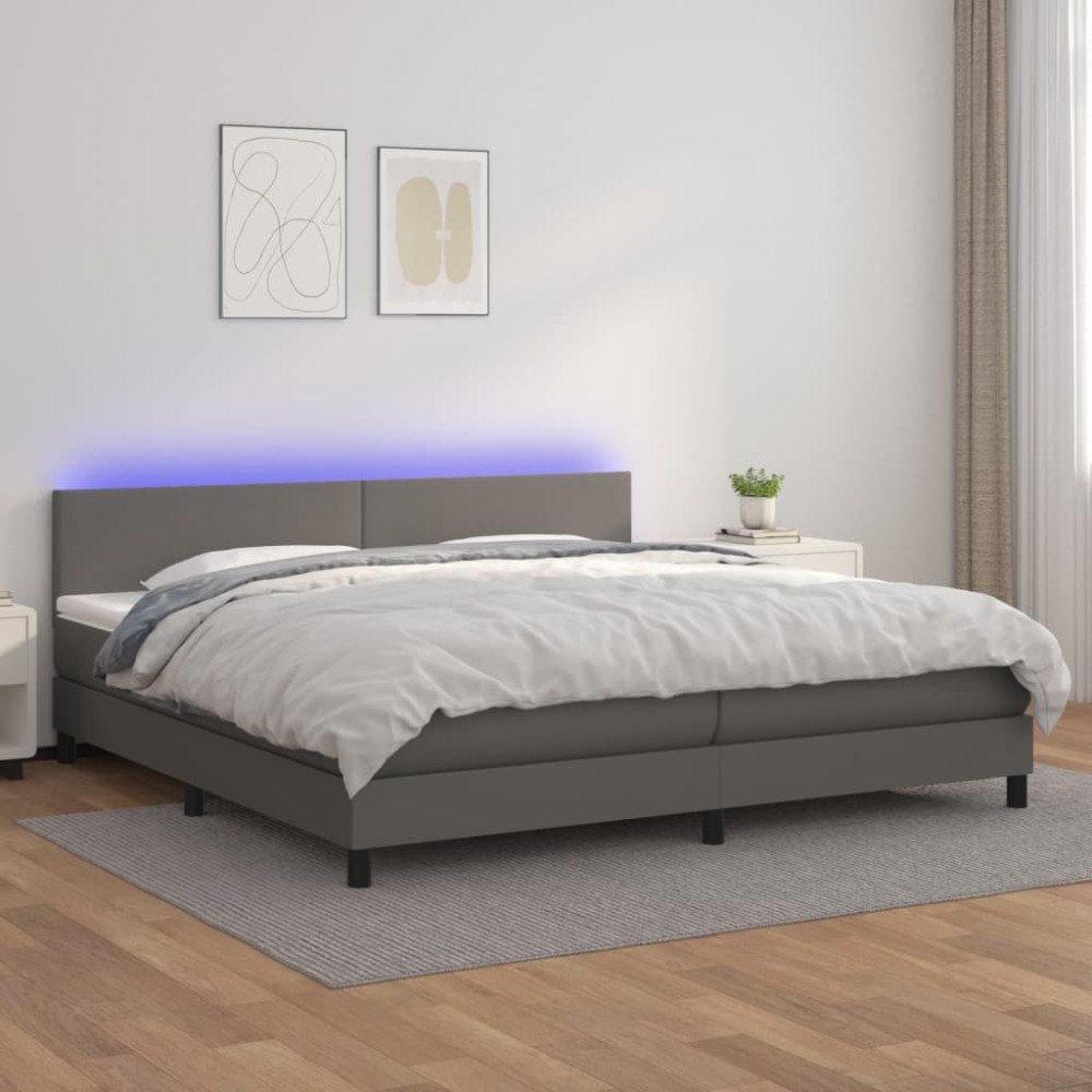 vidaXL Ramsäng med madrass & LED grå 200x200 cm konstläder