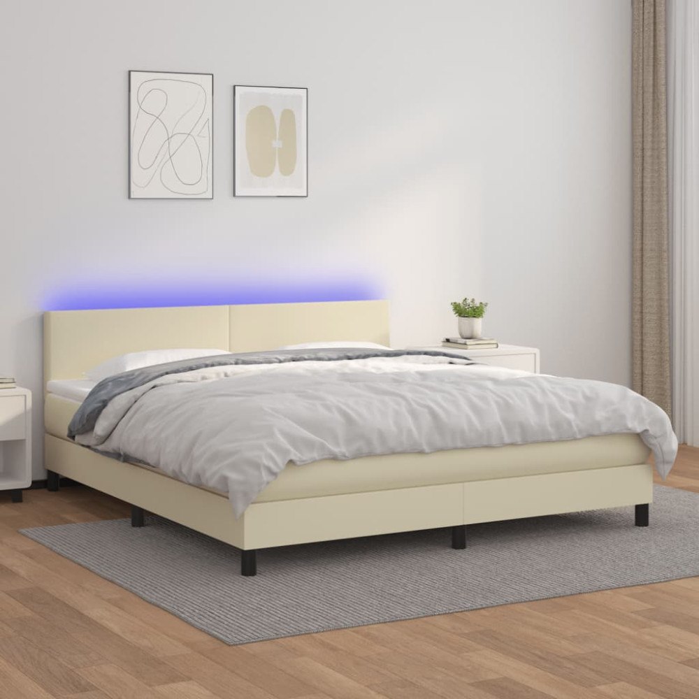 vidaXL Ramsäng med bäddmadrass & LED gräddvit 160x200 cm konstläder