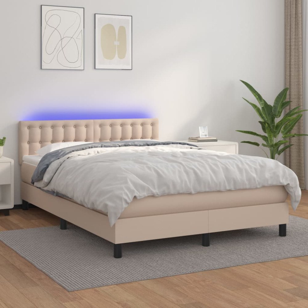 vidaXL Ramsäng med bäddmadrass & LED cappuccino 140x200 cm konstläder