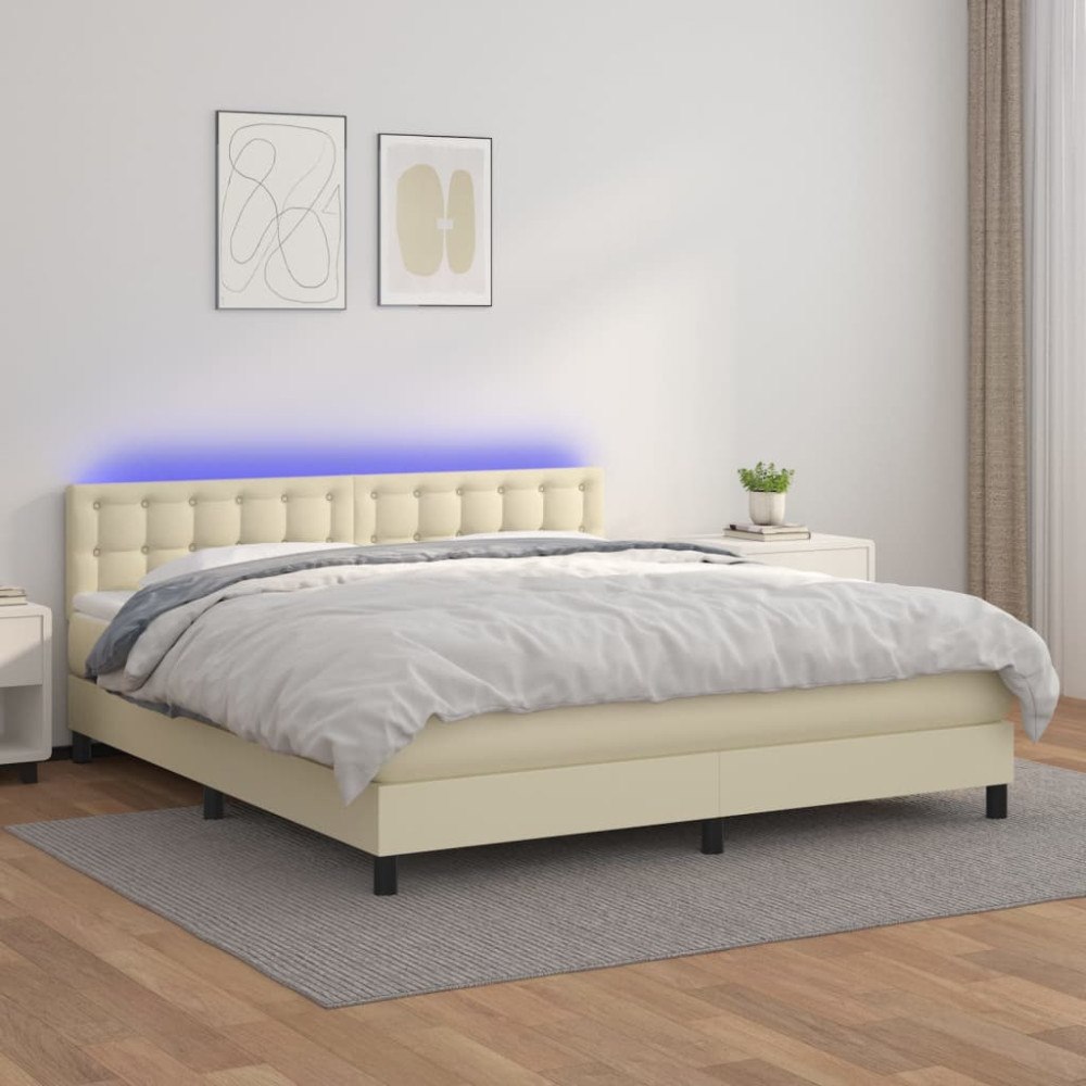 vidaXL Ramsäng med bäddmadrass & LED gräddvit 160x200 cm konstläder