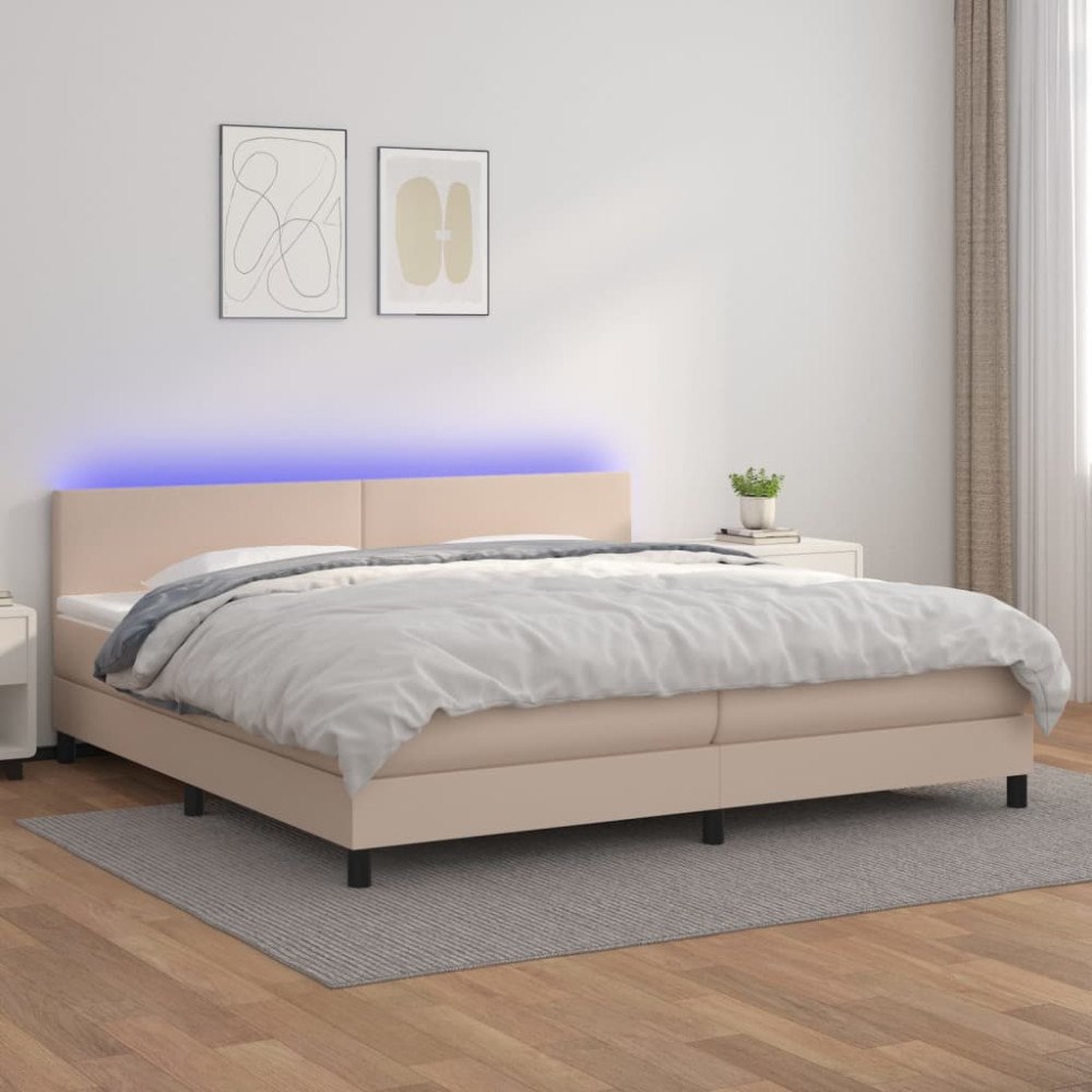 vidaXL Ramsäng med bäddmadrass & LED cappuccino 200x200 cm konstläder