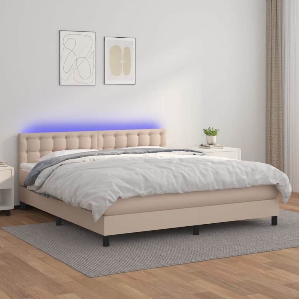 vidaXL Ramsäng med bäddmadrass & LED cappuccino 160x200 cm konstläder