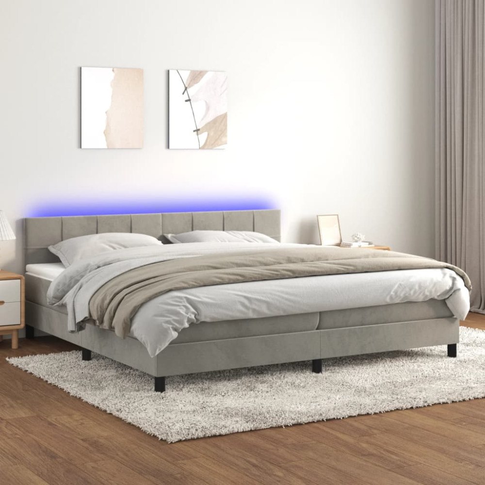 vidaXL Resårsäng med madrass och LED ljusgrå 200x200 cm sammet