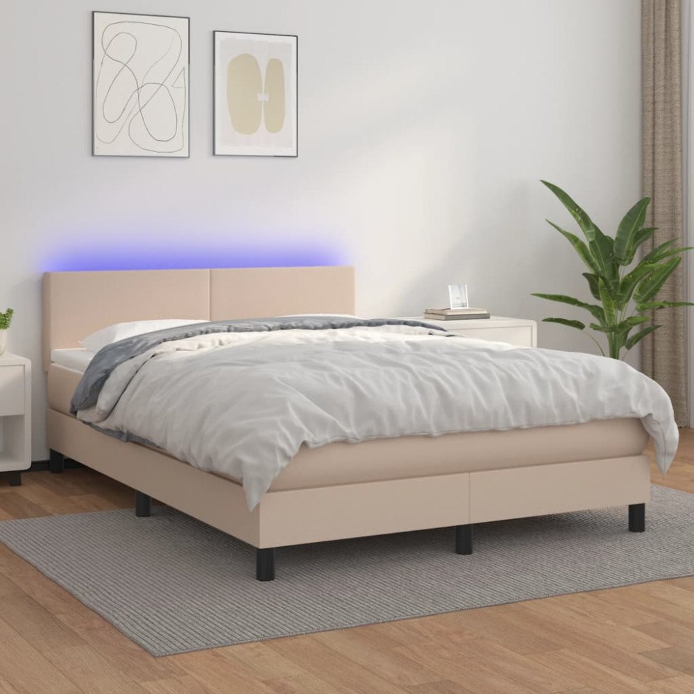vidaXL Ramsäng med bäddmadrass & LED cappuccino 140x200 cm konstläder