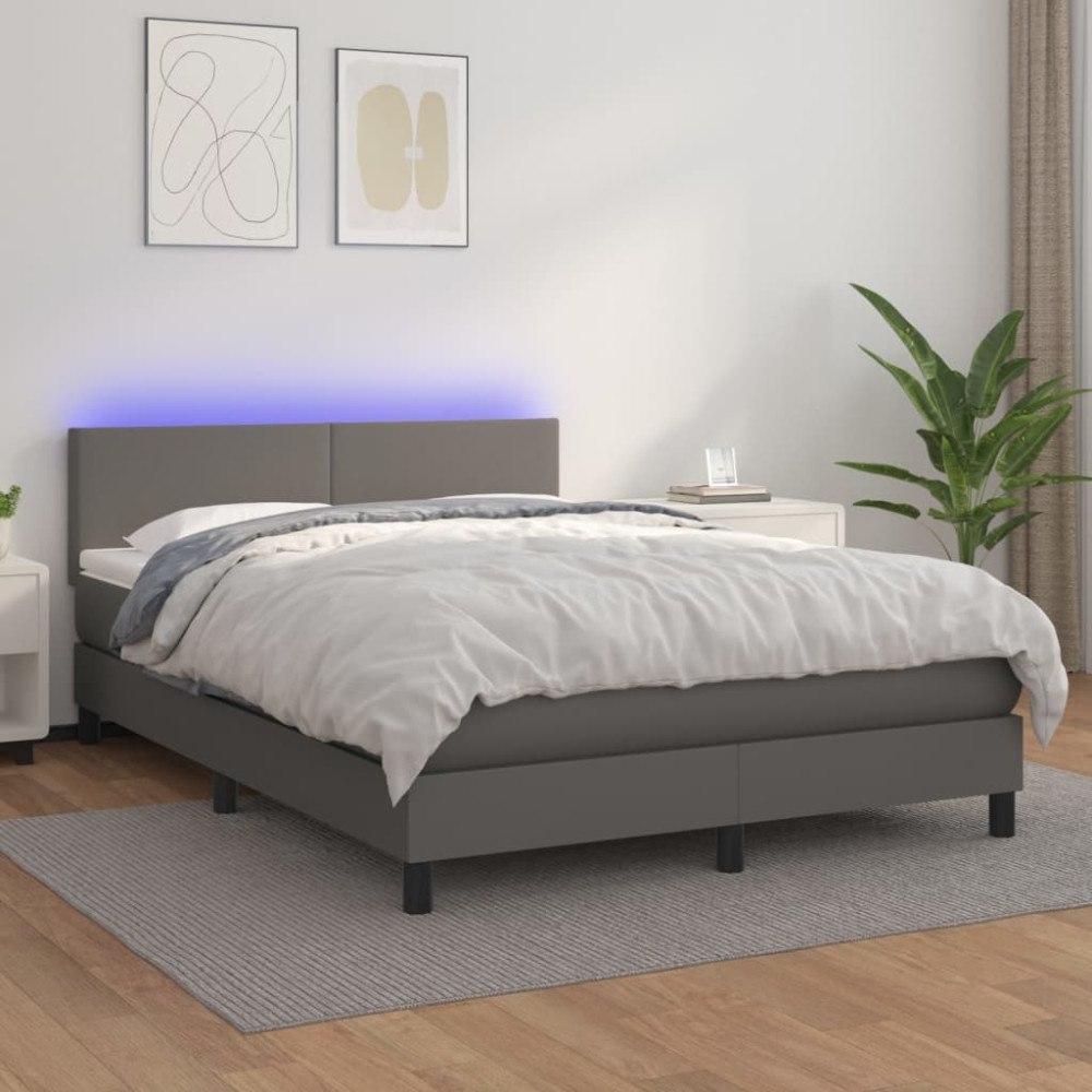 vidaXL Ramsäng med madrass & LED grå 140x200 cm konstläder