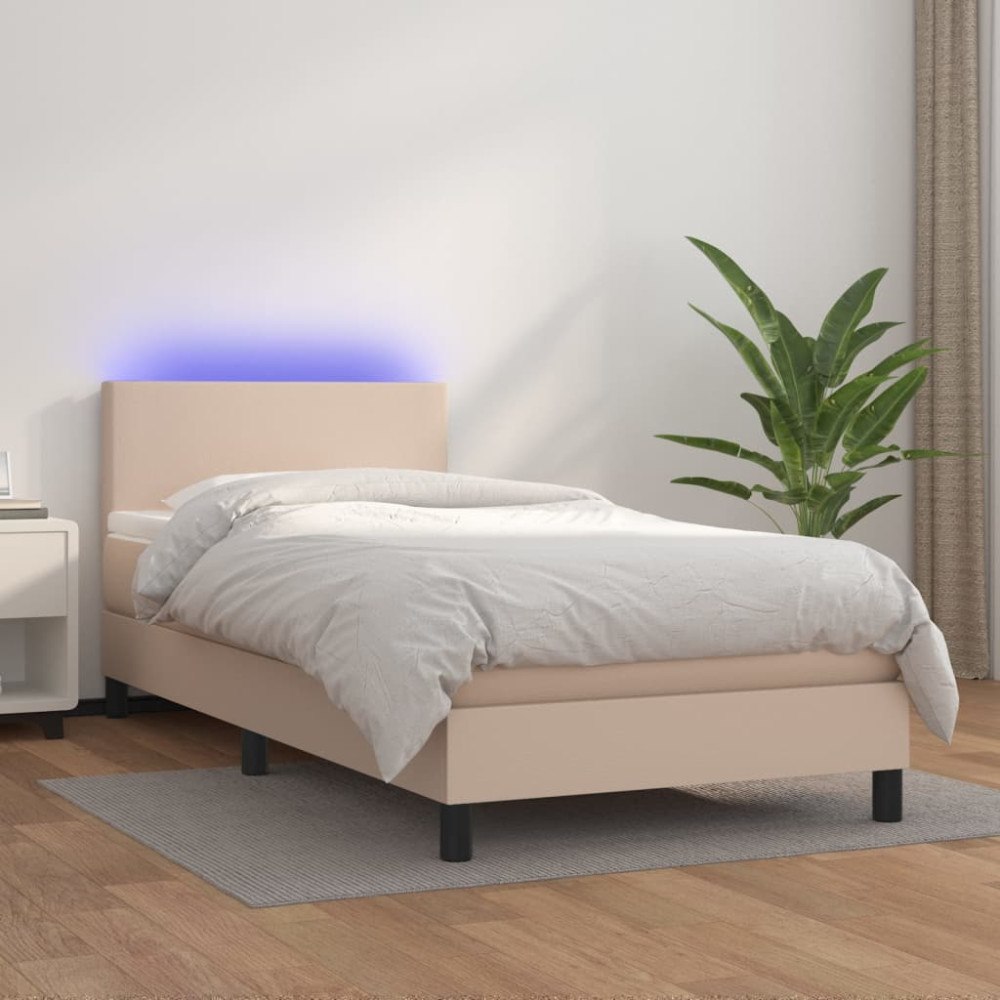 vidaXL Ramsäng med bäddmadrass & LED cappuccino 100x200 cm konstläder