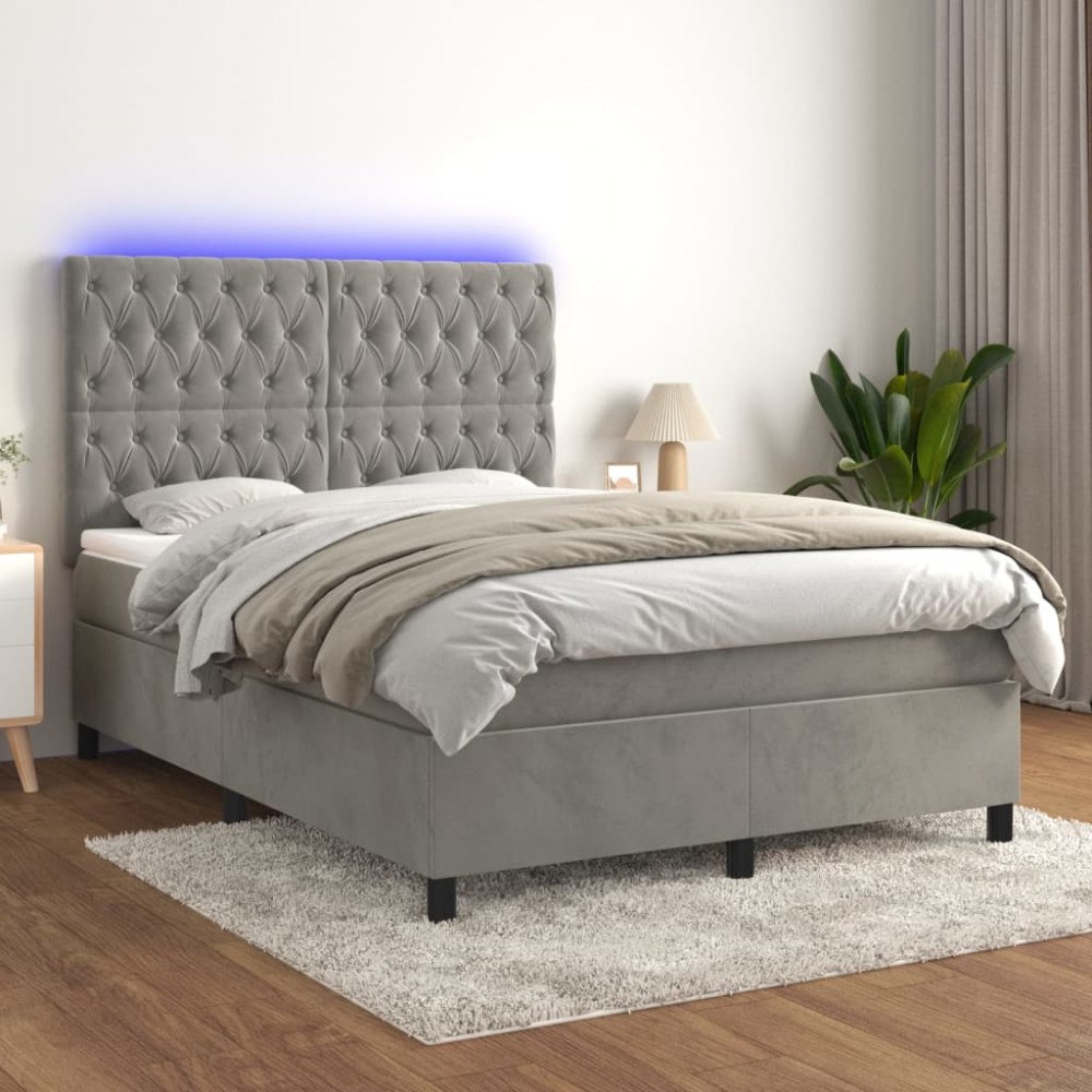 vidaXL Ramsäng med madrass & LED ljusgrå 140x190 cm sammet