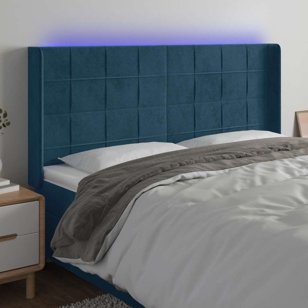 vidaXL Sänggavel LED mörkblå 203x16x118/128 cm sammet