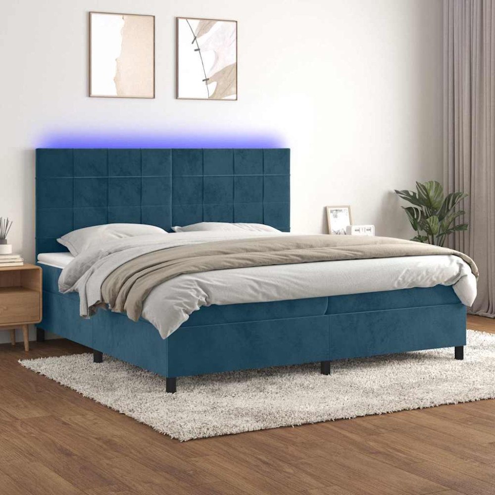 vidaXL Ramsäng med madrass & LED mörkblå 200x200 cm sammet