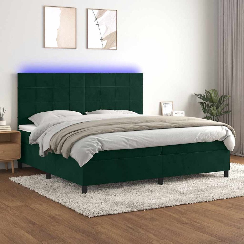 vidaXL Ramsäng med madrass & LED mörkgrön 200x200 cm sammet
