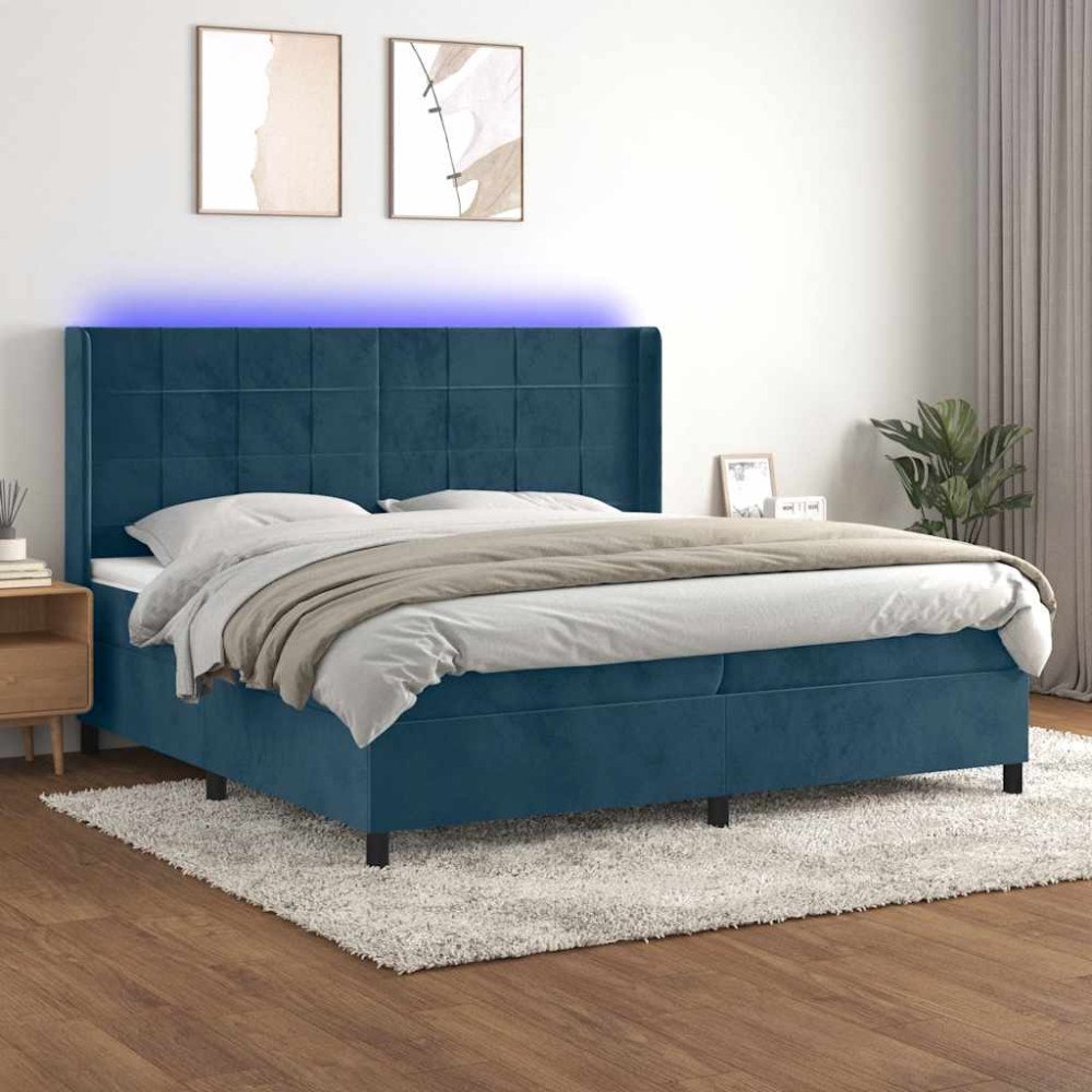vidaXL Ramsäng med madrass & LED mörkblå 200x200 cm sammet