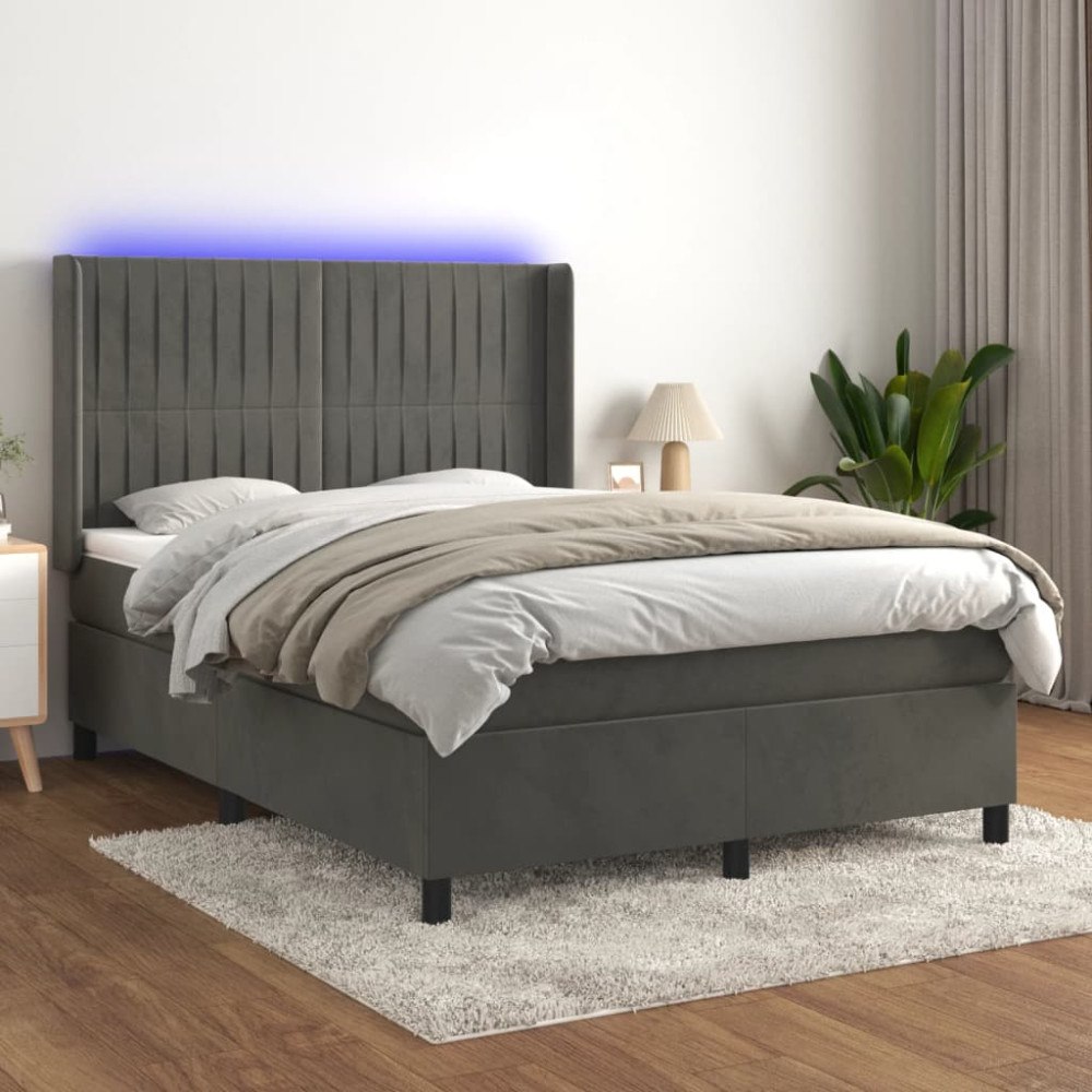 vidaXL Ramsäng med madrass & LED mörkgrå 140x200 cm sammet