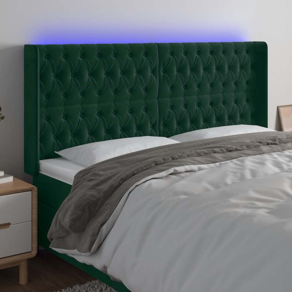 vidaXL Sänggavel LED mörkgrön 183x16x118/128 cm sammet