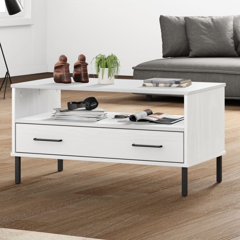 vidaXL Soffbord med metallben OSLO vit 85x50x45 cm massivt trä
