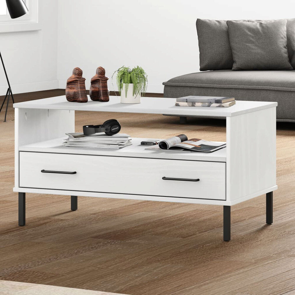 vidaXL Soffbord med metallben OSLO vit 85x50x45 cm massivt trä