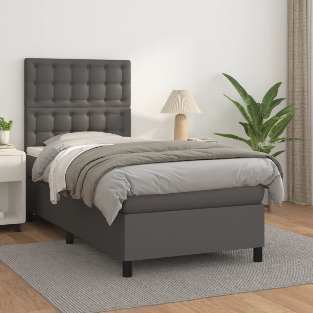 vidaXL Ramsäng med madrass grå 90x190 cm konstläder