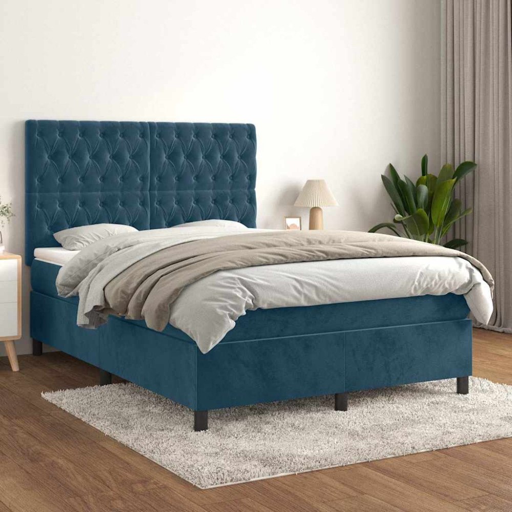 vidaXL Ramsäng med madrass mörkblå 140x190 cm sammet