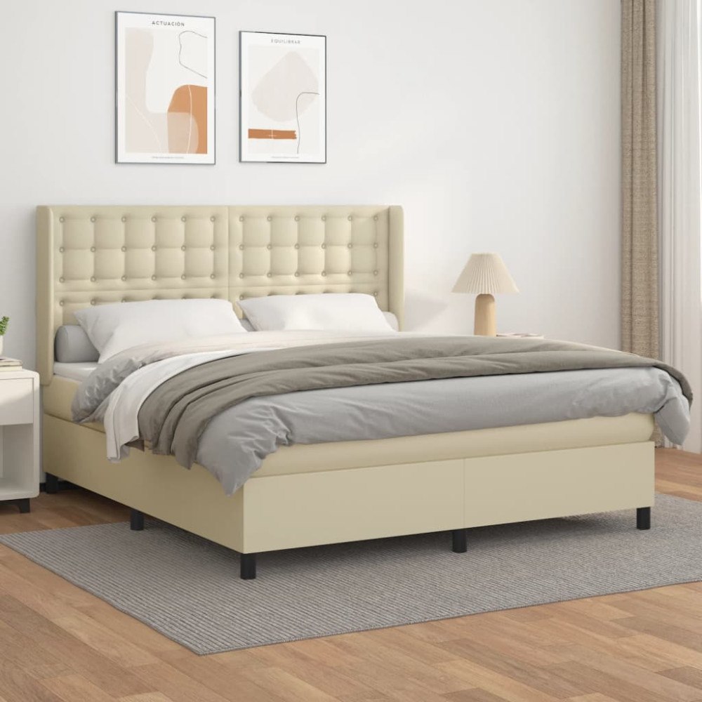 vidaXL Ramsäng med bäddmadrass gräddvit 160x200 cm konstläder