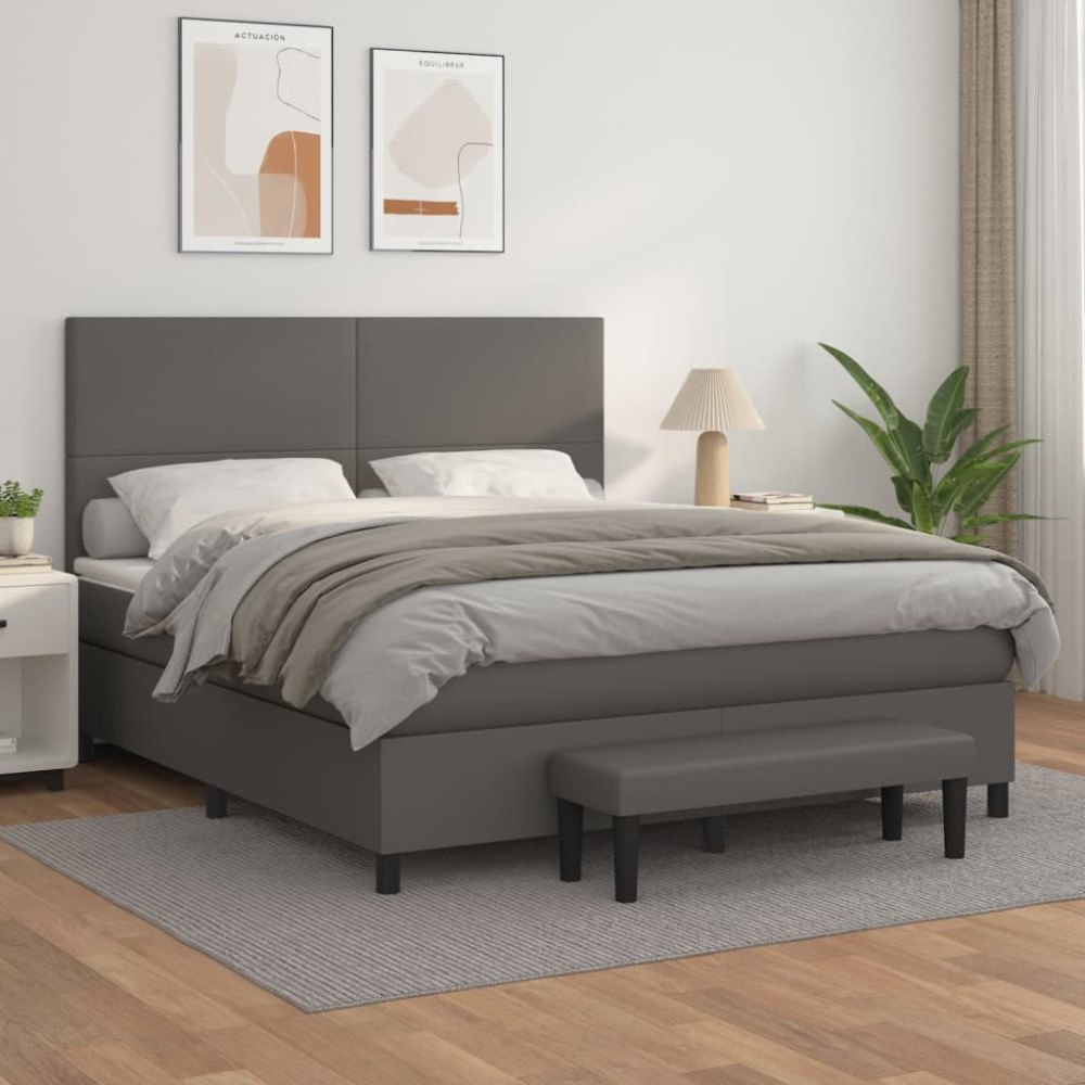vidaXL Ramsäng med madrass grå 160x200 cm konstläder