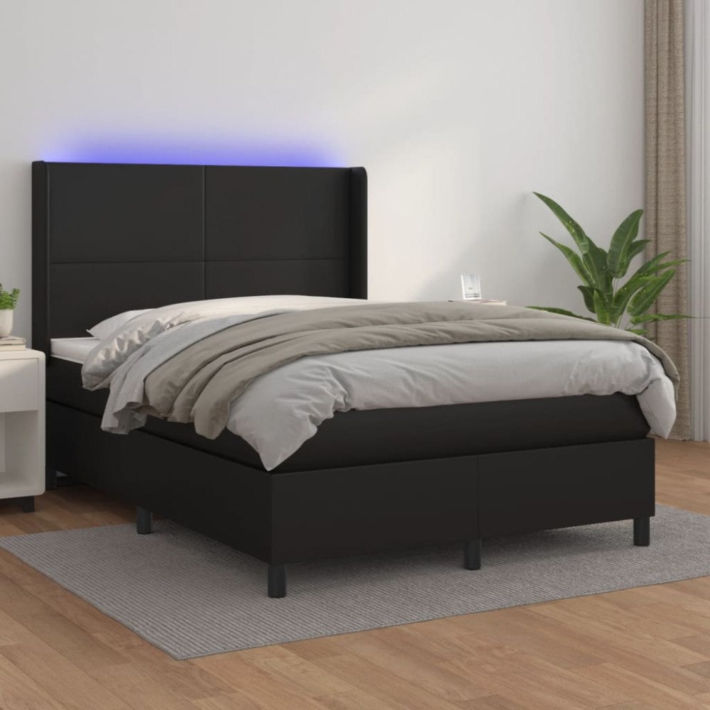 vidaXL Ramsäng med madrass & LED svart 140x190 cm konstläder