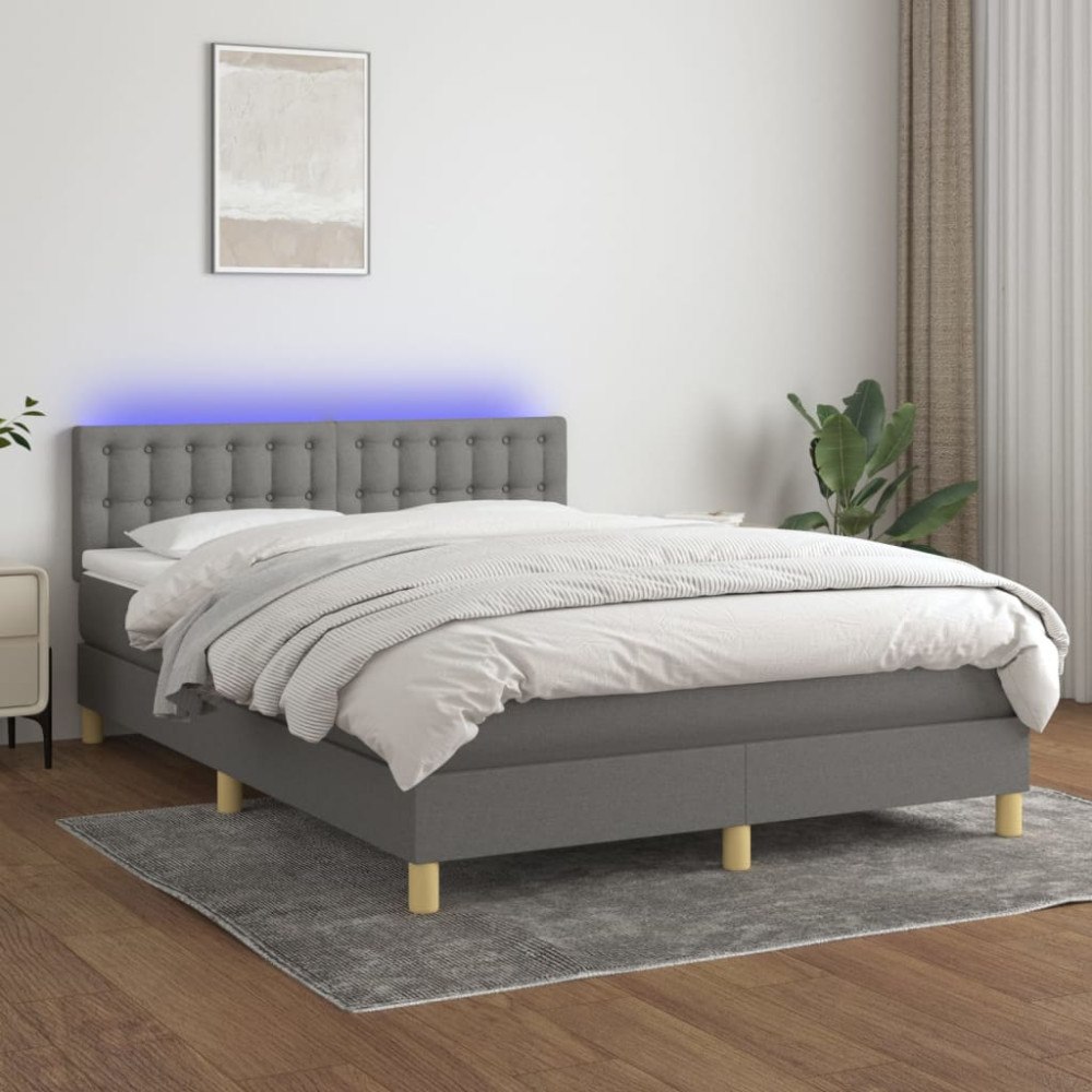 vidaXL Ramsäng med madrass & LED mörkgrå 140x190 cm tyg