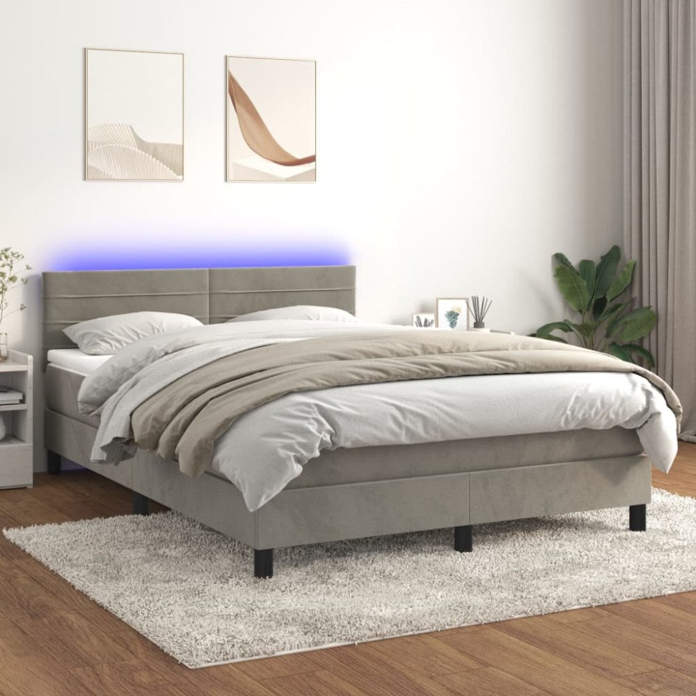 vidaXL Resårsäng med madrass och LED ljusgrå 140x190 cm sammet