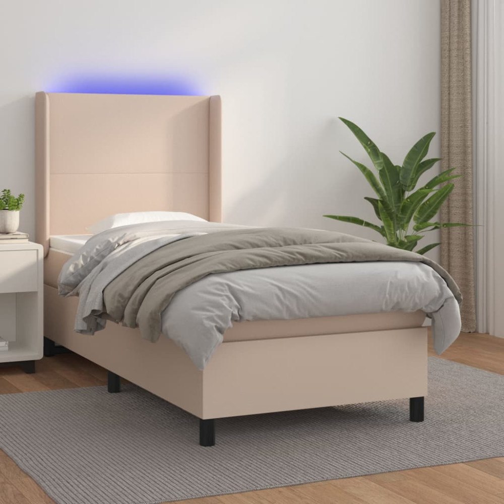 vidaXL Ramsäng med bäddmadrass & LED cappuccino 100x200 cm konstläder