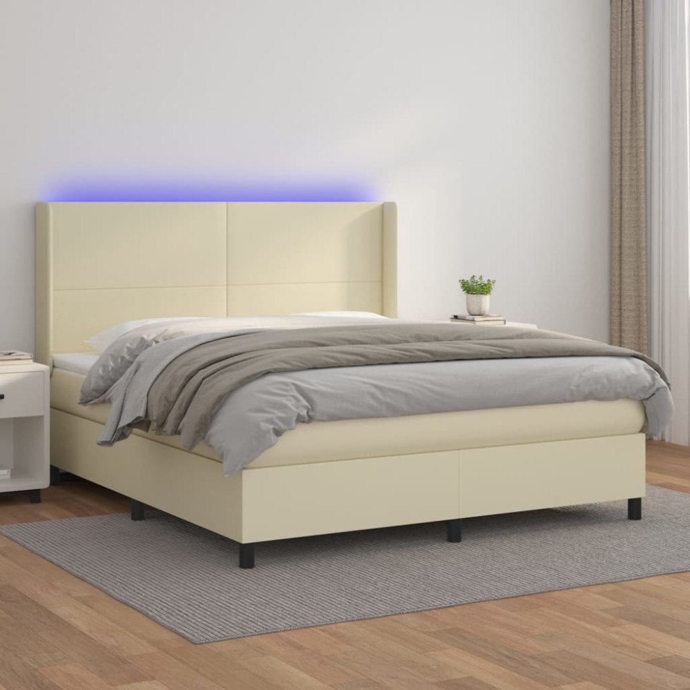 vidaXL Ramsäng med bäddmadrass & LED gräddvit 160x200 cm konstläder