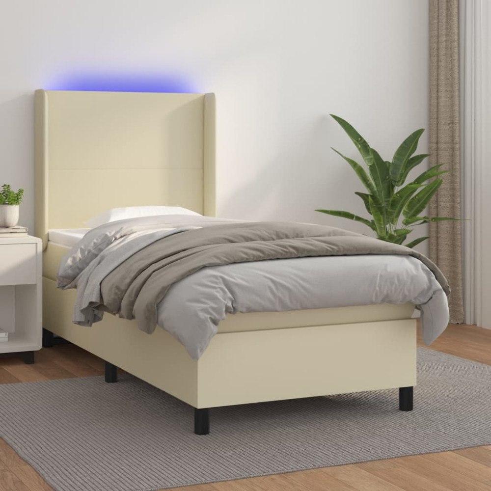 vidaXL Ramsäng med madrass & LED gräddvit 90x190 cm konstläder