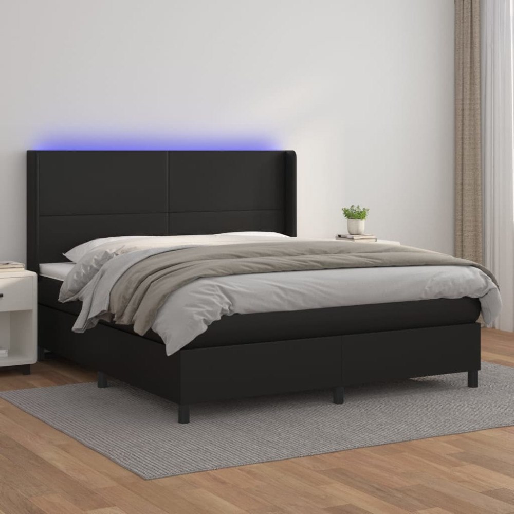 vidaXL Ramsäng med madrass & LED svart 180x200 cm konstläder