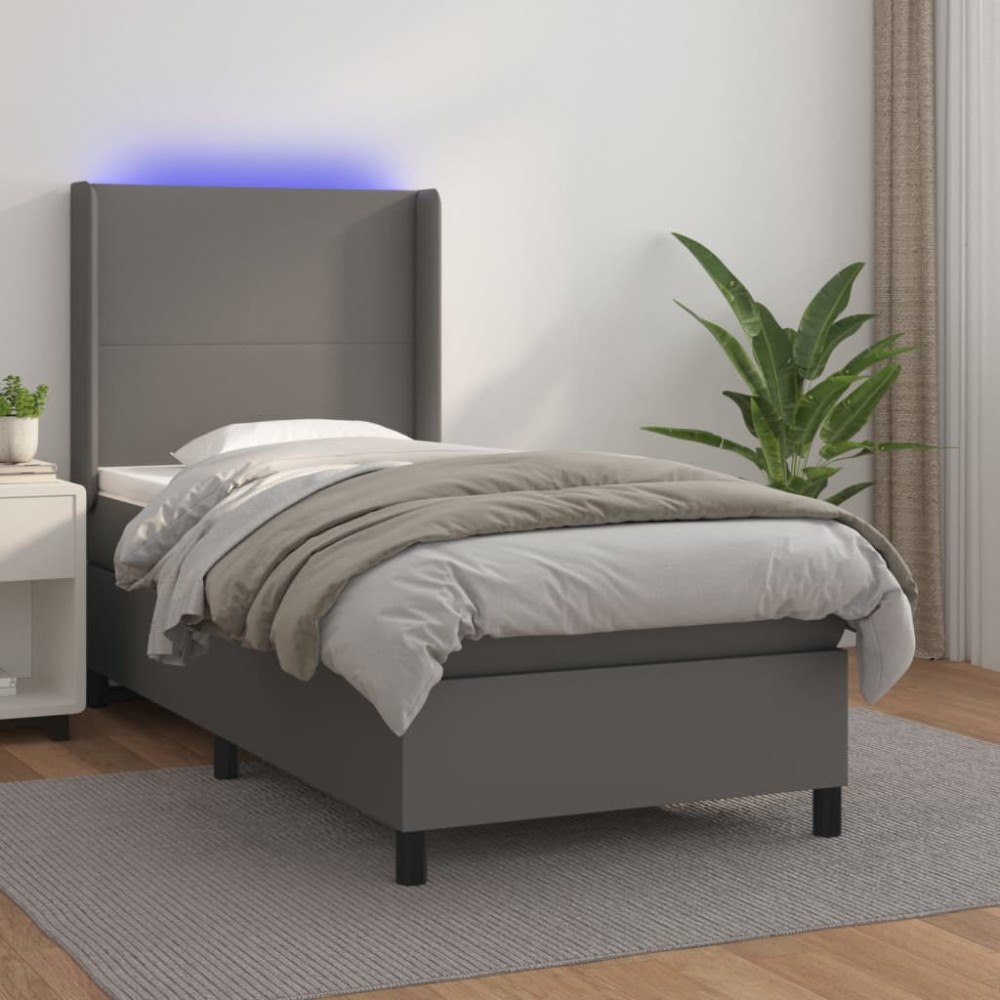 vidaXL Ramsäng med madrass & LED grå 90x190 cm konstläder