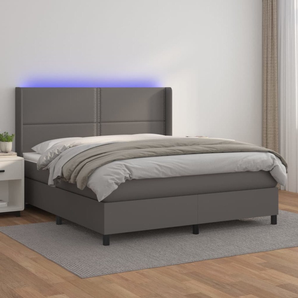 vidaXL Ramsäng med madrass & LED grå 180x200 cm konstläder