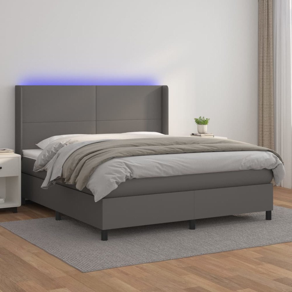 vidaXL Ramsäng med madrass & LED grå 160x200 cm konstläder