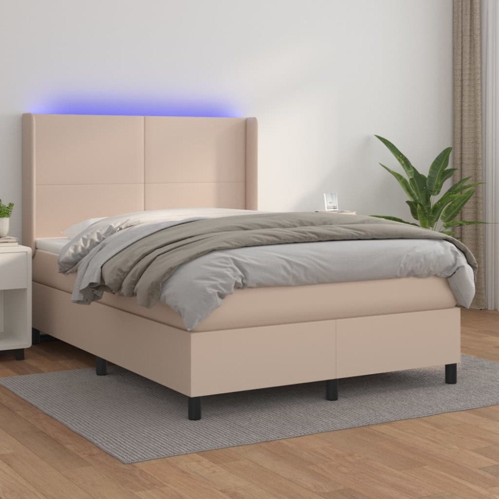 vidaXL Ramsäng med bäddmadrass & LED cappuccino 140x190 cm konstläder
