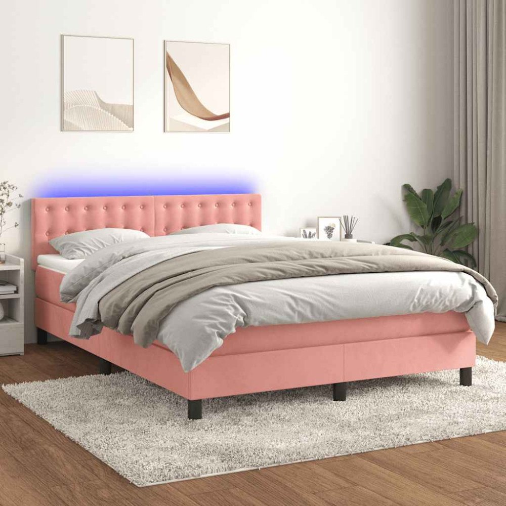 vidaXL Ramsäng med madrass & LED rosa 140x190 cm sammet