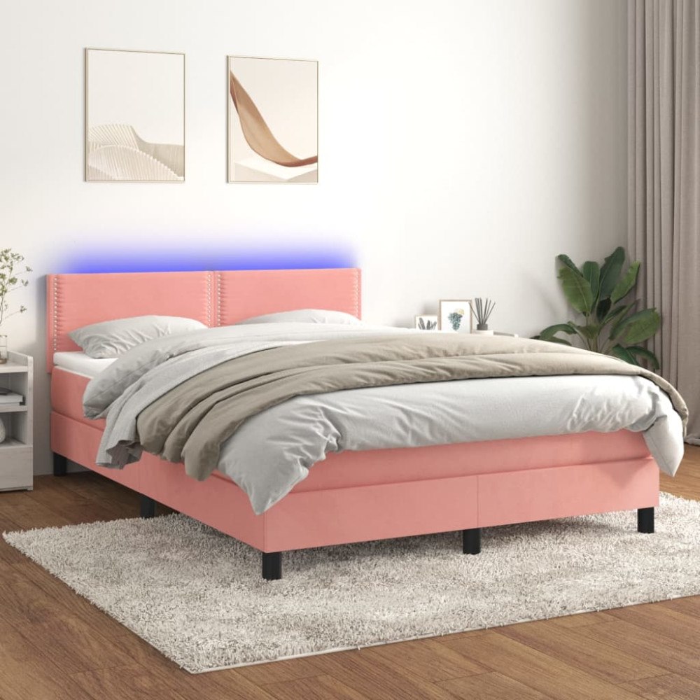 vidaXL Ramsäng med madrass & LED rosa 140x190 cm sammet