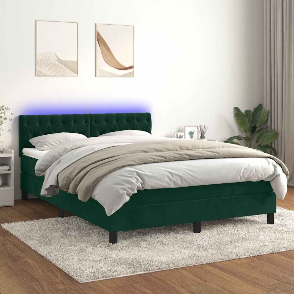 vidaXL Resårsäng med madrass och LED mörkgrön 140x190 cm sammet
